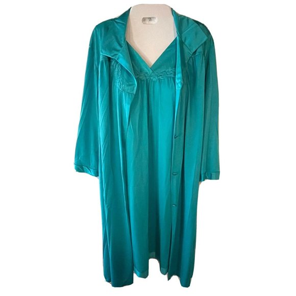VTG Vanity Fair Turquoise 2 PC Nightgown (Medium) Button Robe 38" Nylon USA